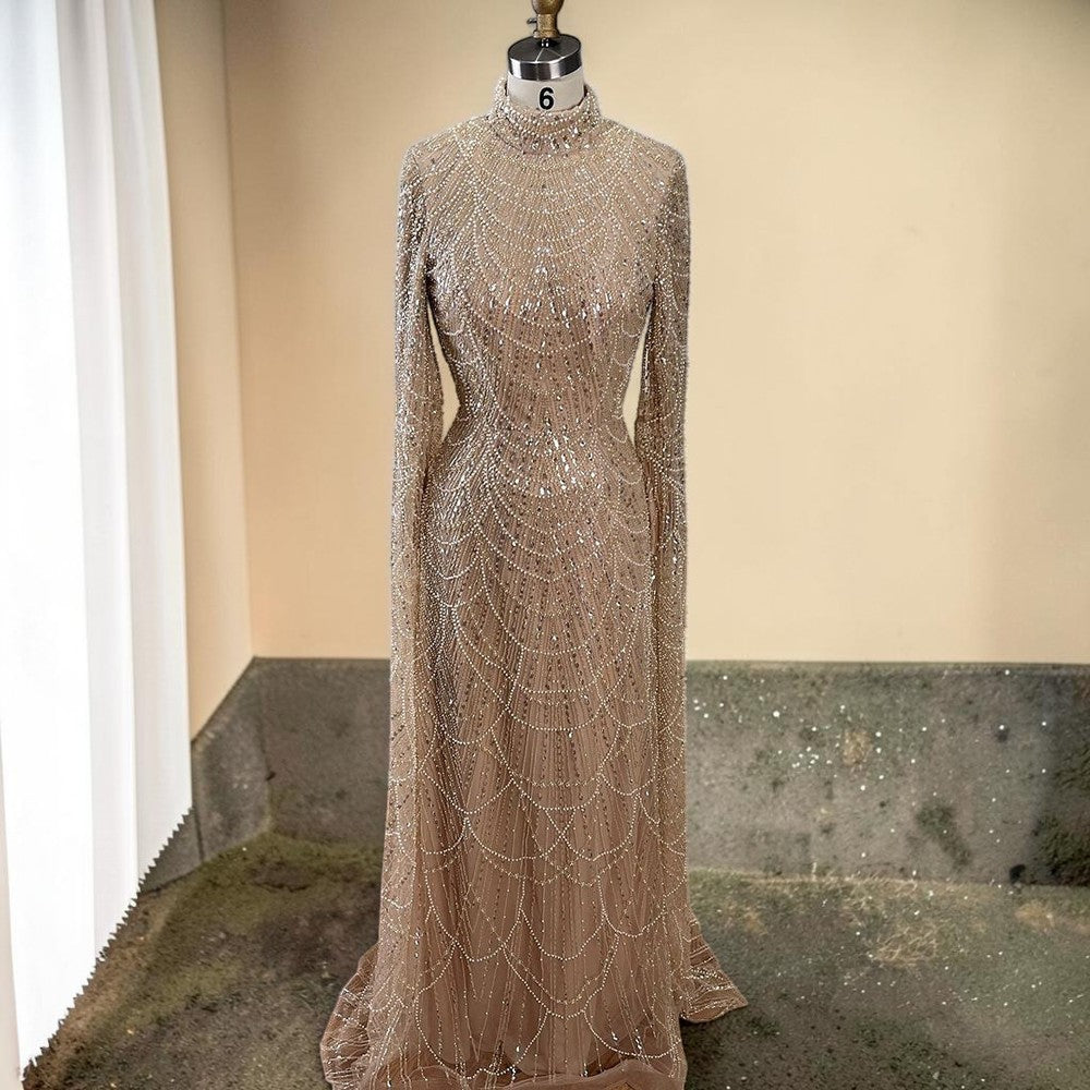 Luxury Sage Green High-Neck Beaded Long Sleeves Evening Gown SL197