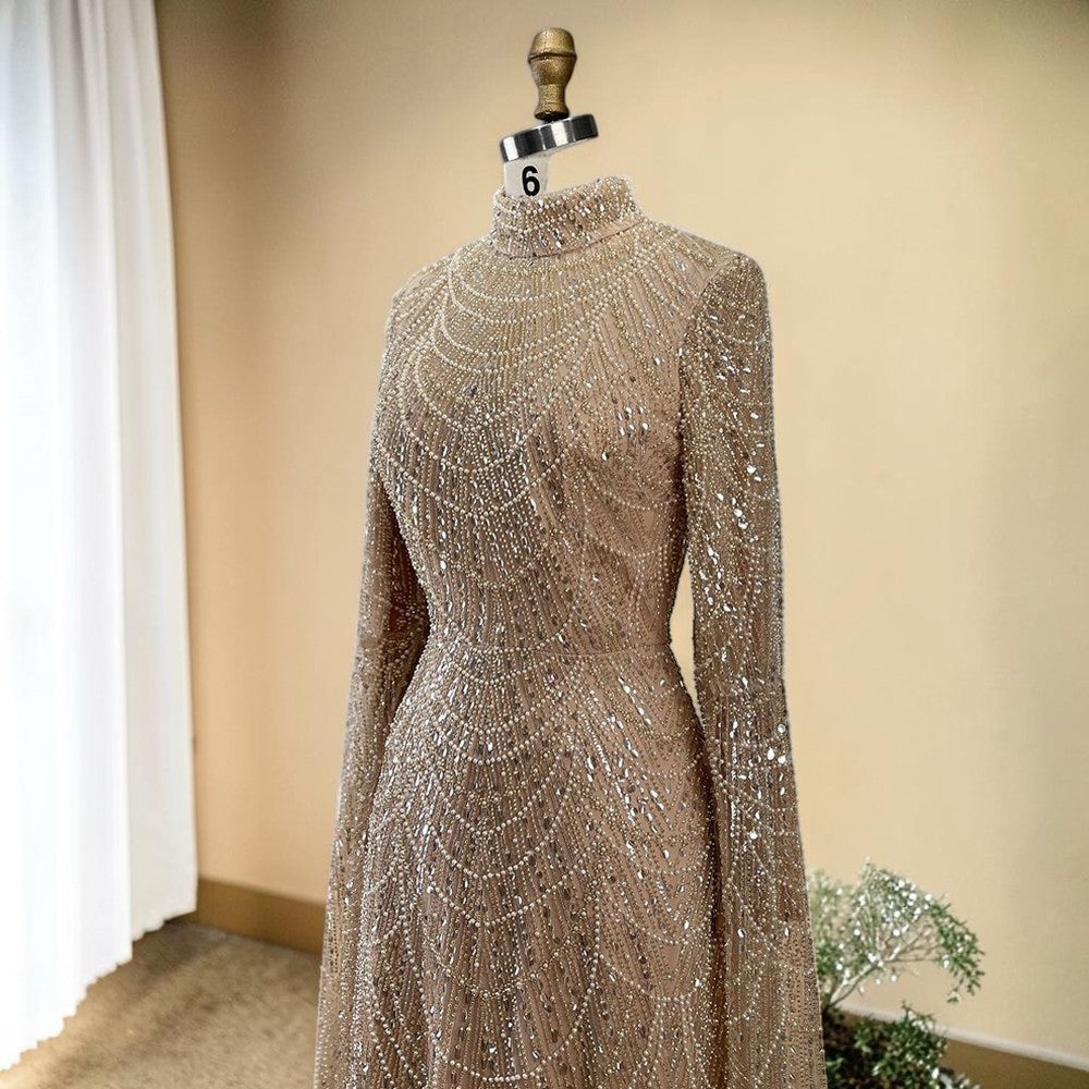 Luxury Sage Green High-Neck Beaded Long Sleeves Evening Gown SL197