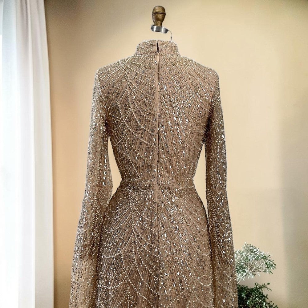 Luxury Sage Green High-Neck Beaded Long Sleeves Evening Gown SL197