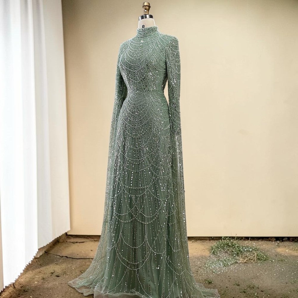 Luxury Sage Green High-Neck Beaded Long Sleeves Evening Gown SL197