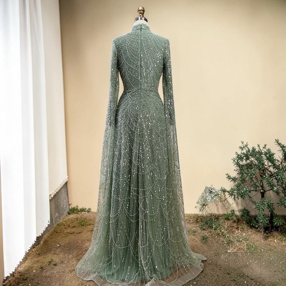 Luxury Sage Green High-Neck Beaded Long Sleeves Evening Gown SL197