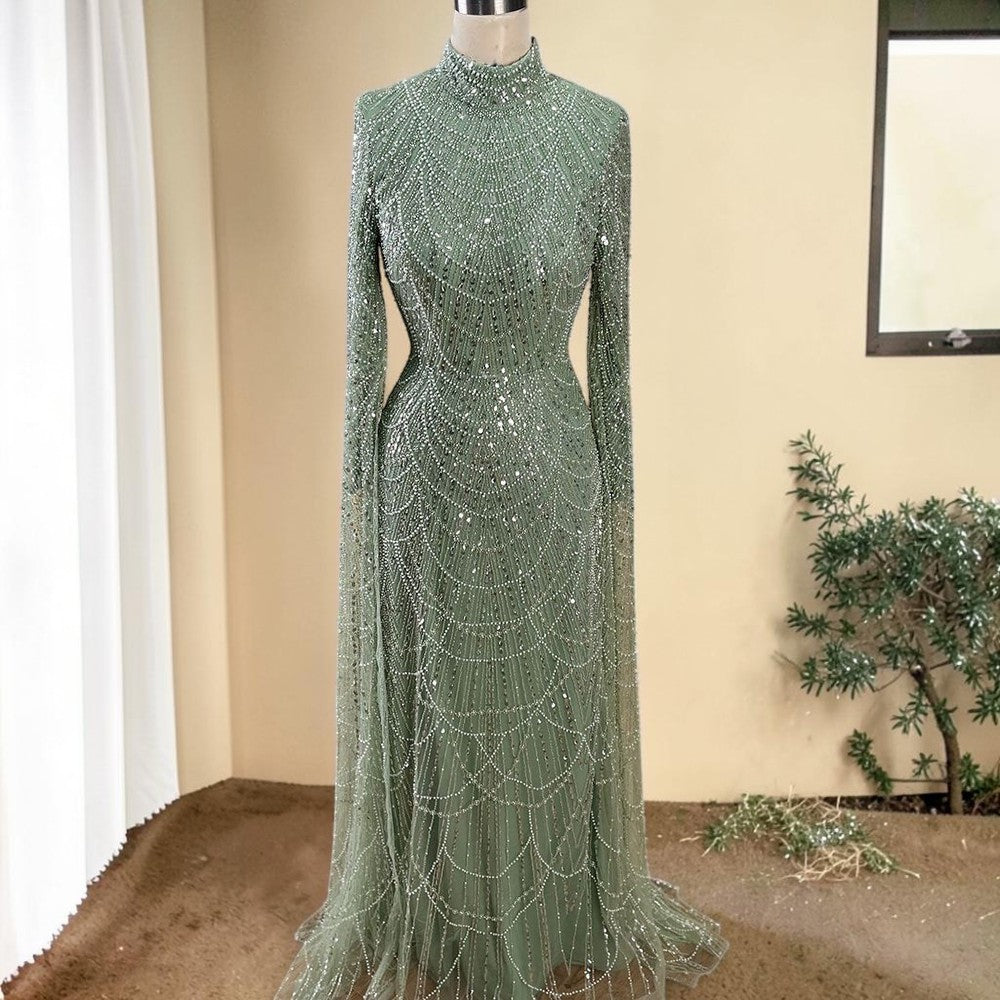 Luxury Sage Green High-Neck Beaded Long Sleeves Evening Gown SL197