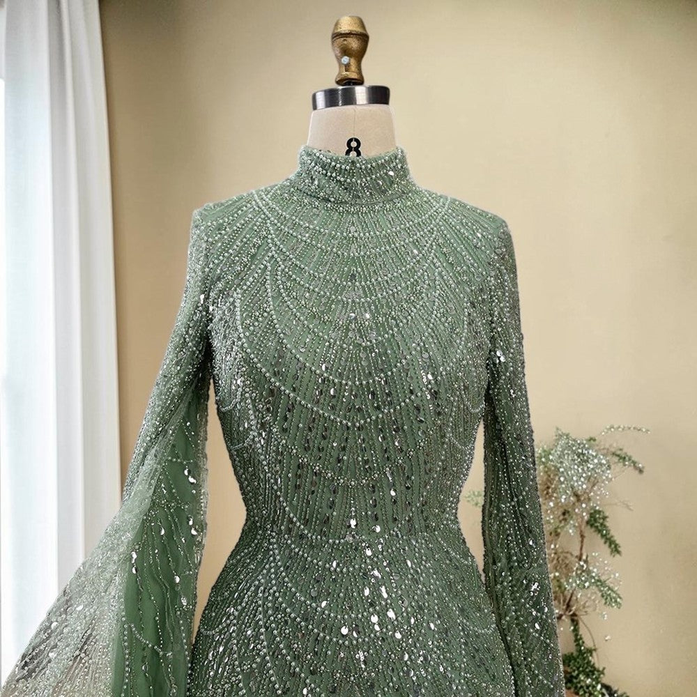 Luxury Sage Green High-Neck Beaded Long Sleeves Evening Gown SL197