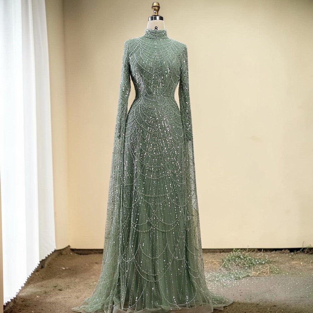 Luxury Sage Green High-Neck Beaded Long Sleeves Evening Gown SL197