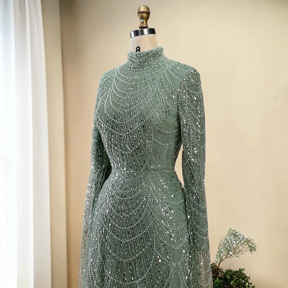 Luxury Sage Green High-Neck Beaded Long Sleeves Evening Gown SL197