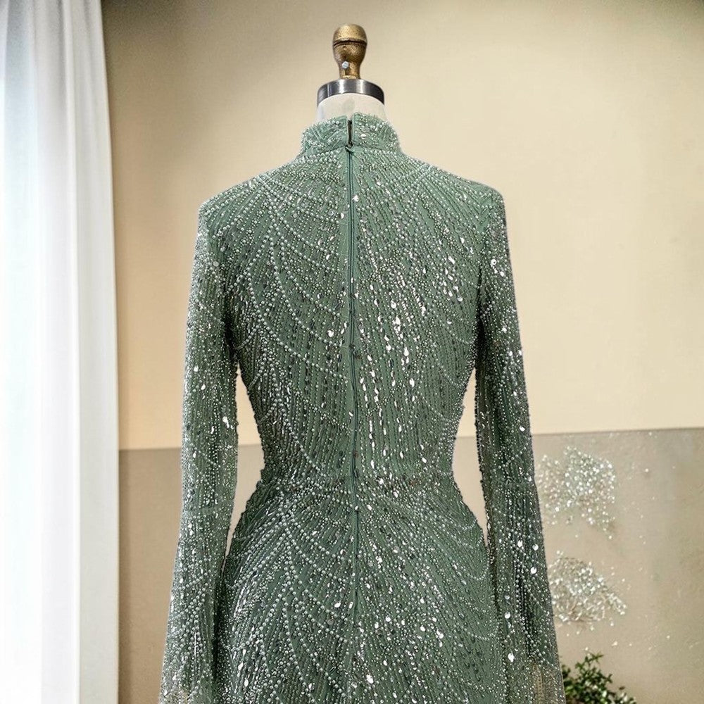 Luxury Sage Green High-Neck Beaded Long Sleeves Evening Gown SL197