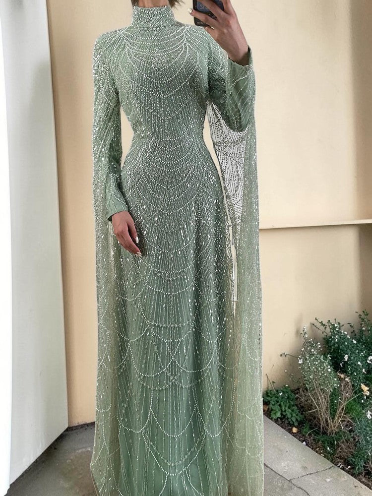 Luxury Sage Green High-Neck Beaded Long Sleeves Evening Gown SL197
