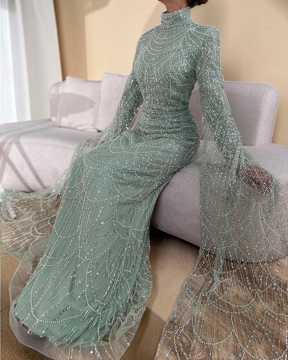 Luxury Sage Green High-Neck Beaded Long Sleeves Evening Gown SL197