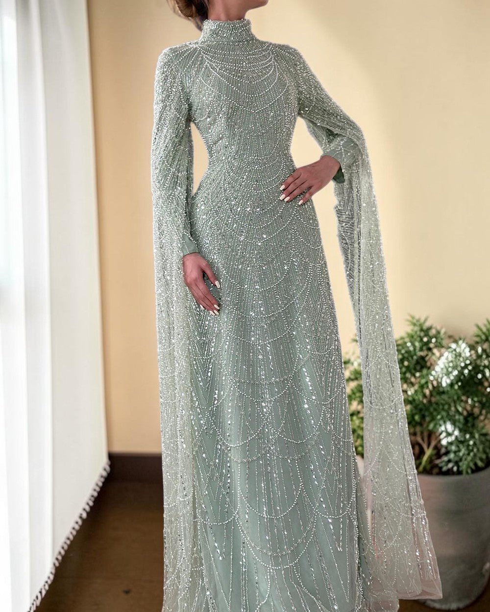 Luxury Sage Green High-Neck Beaded Long Sleeves Evening Gown SL197