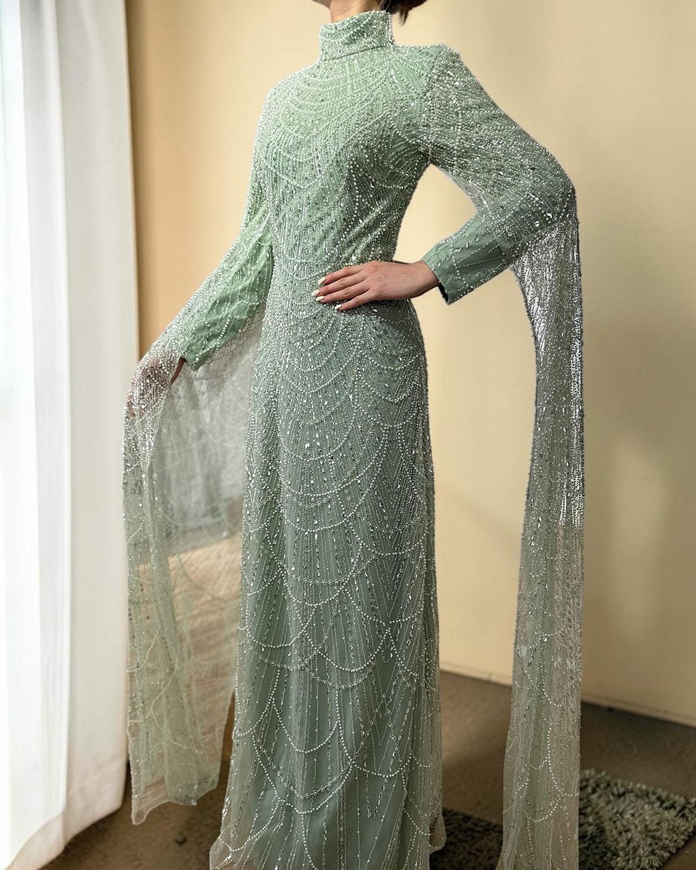 Luxury Sage Green High-Neck Beaded Long Sleeves Evening Gown SL197