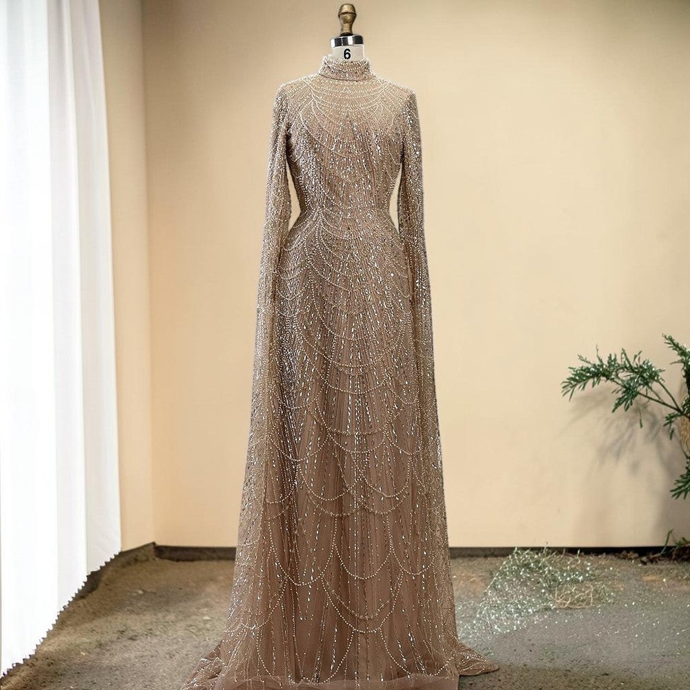 Luxury Sage Green High-Neck Beaded Long Sleeves Evening Gown SL197