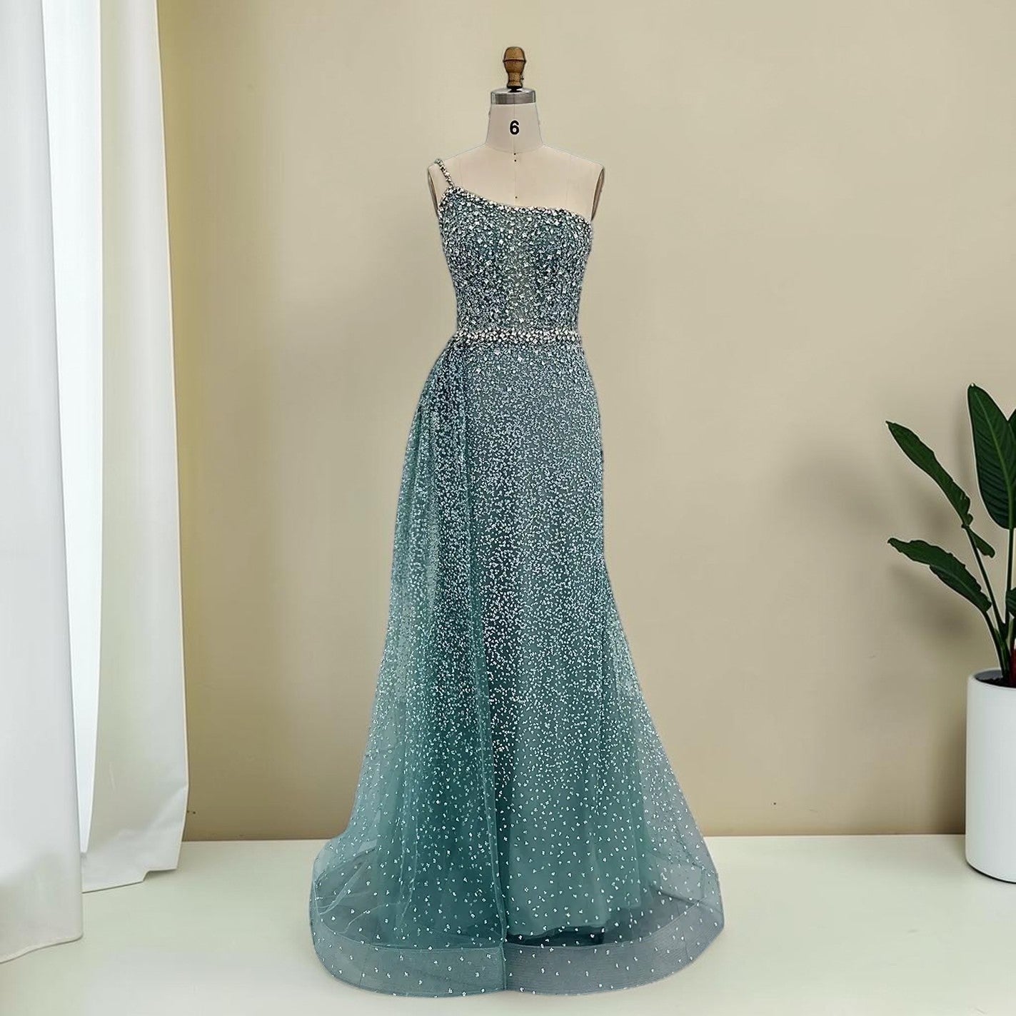 Luxury Turquoise Fitted Gown with Sparkling Beadwork SL195