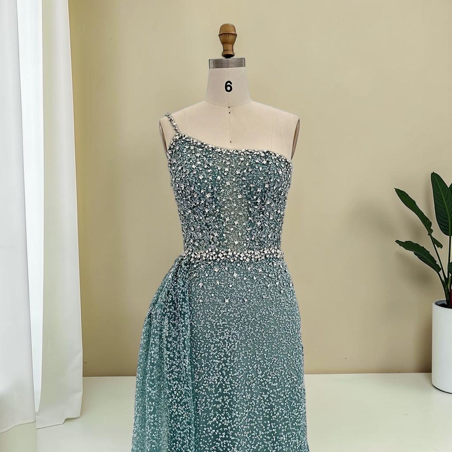 Luxury Turquoise Fitted Gown with Sparkling Beadwork SL195
