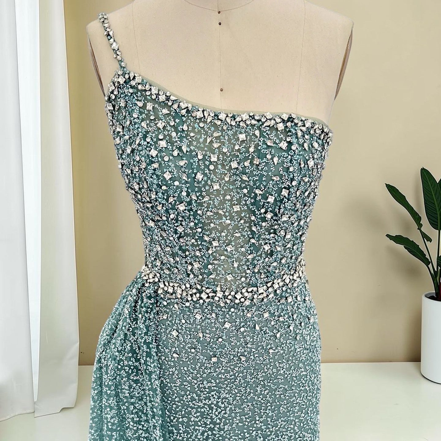 Luxury Turquoise Fitted Gown with Sparkling Beadwork SL195