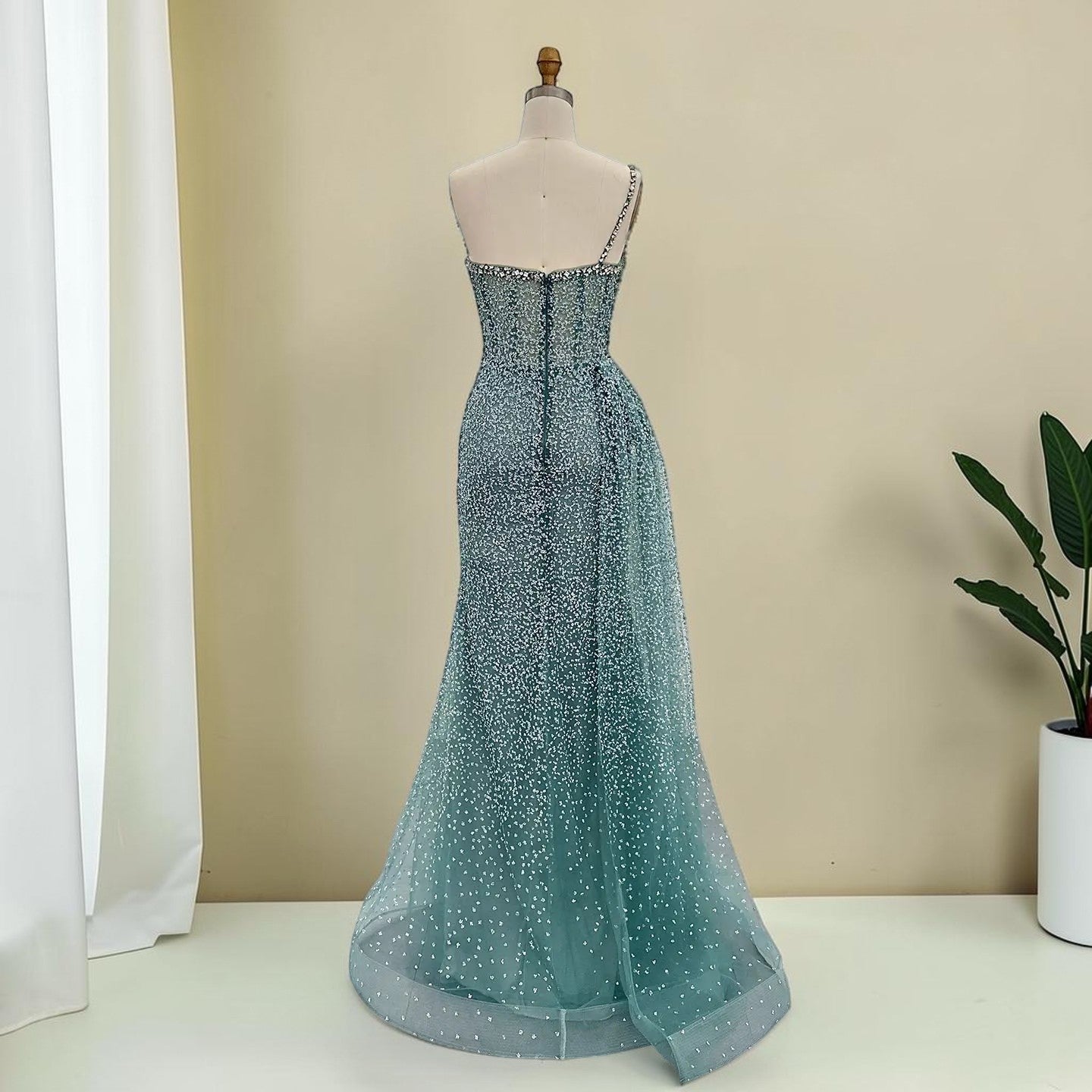 Luxury Turquoise Fitted Gown with Sparkling Beadwork SL195