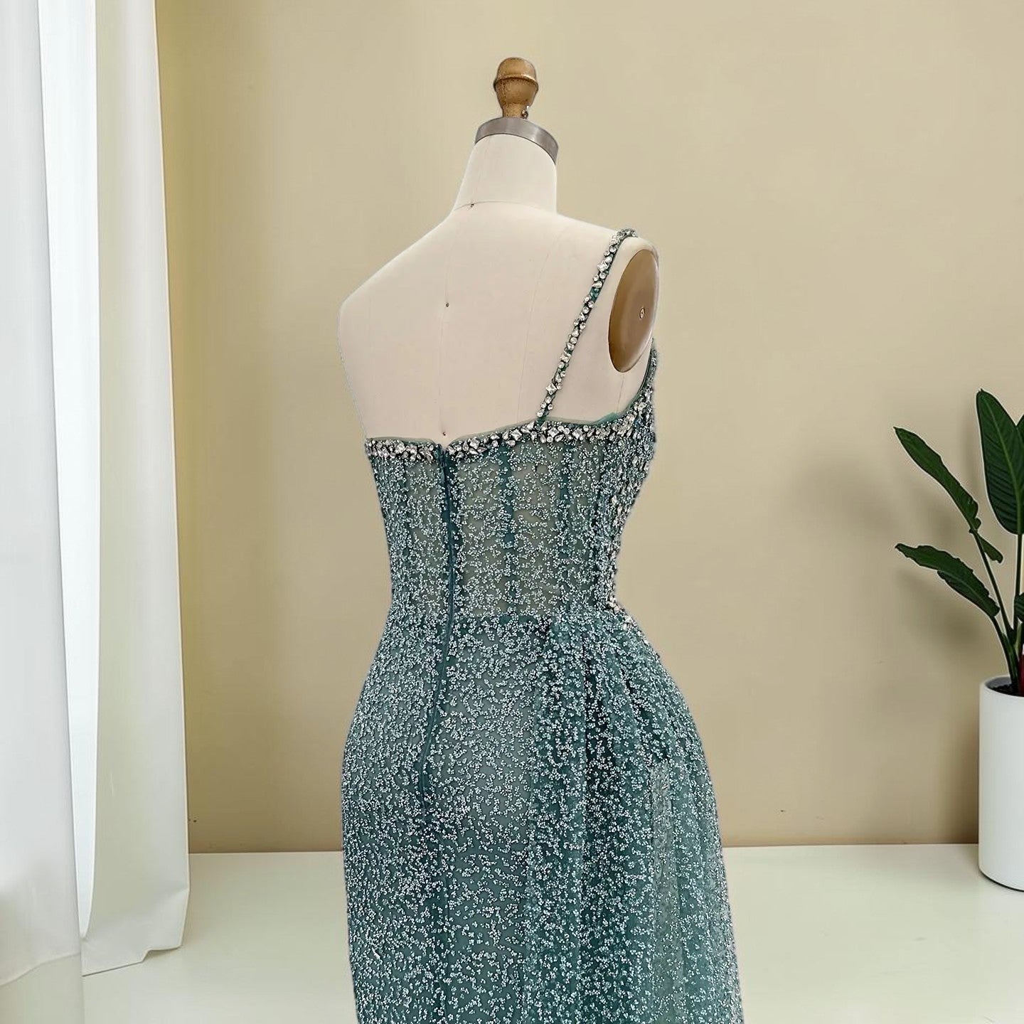 Luxury Turquoise Fitted Gown with Sparkling Beadwork SL195
