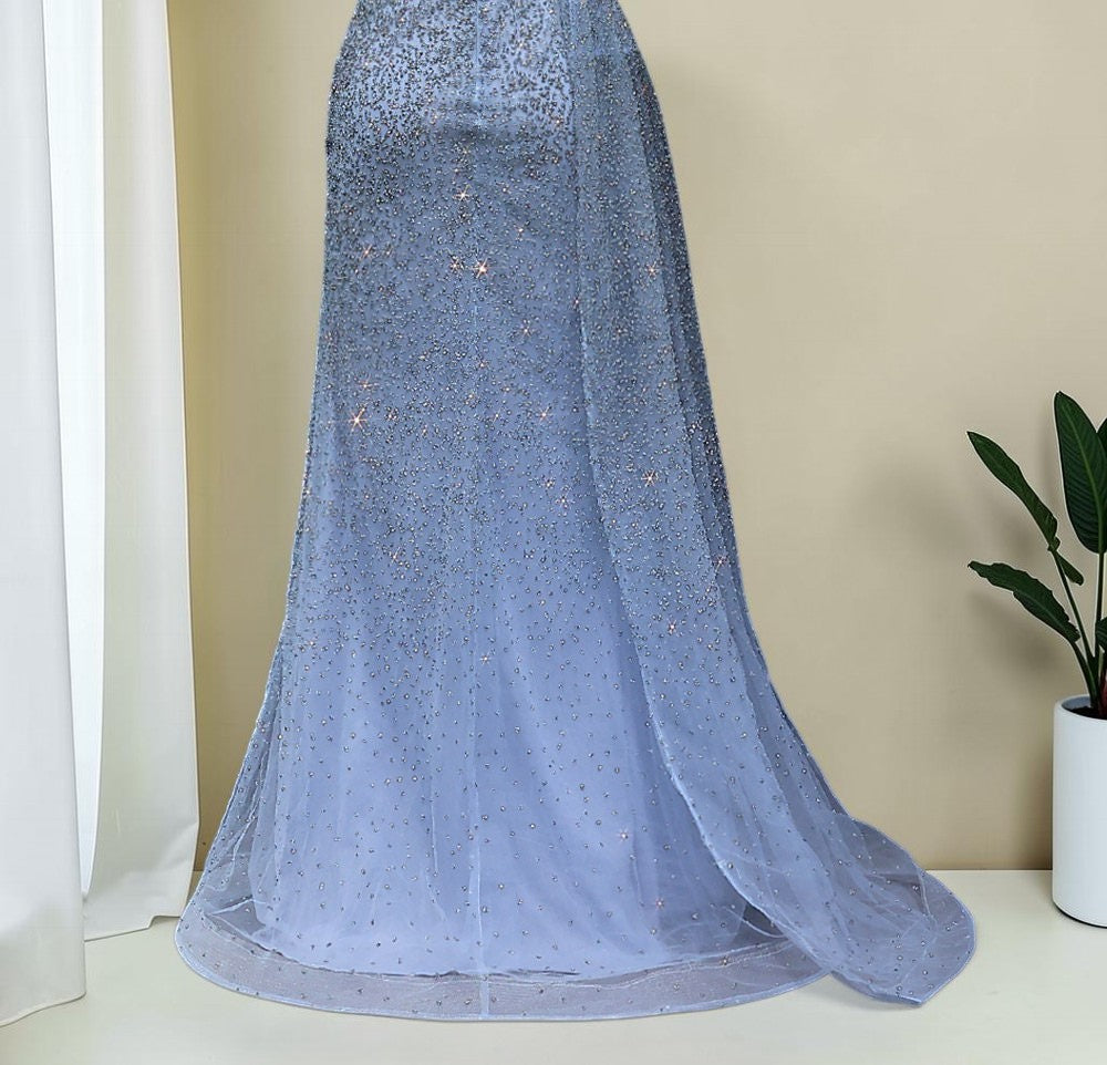Luxury Turquoise Fitted Gown with Sparkling Beadwork SL195