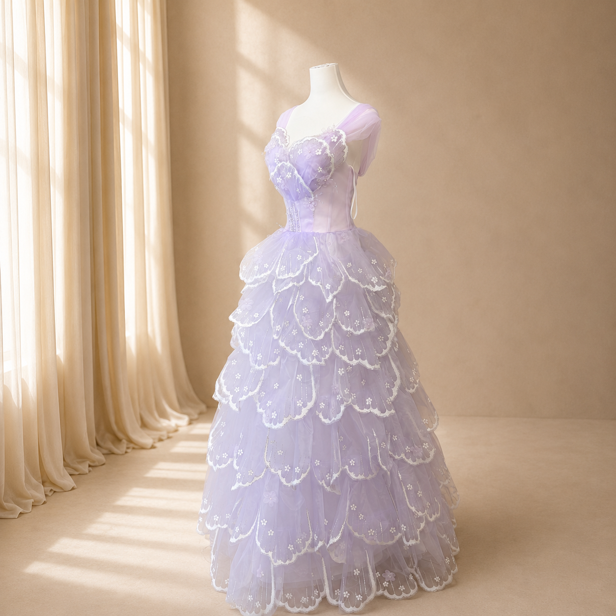 Luxury Blush Pink 3D Floral Layered Tulle with Detachable Sleeves Evening Dress YL146
