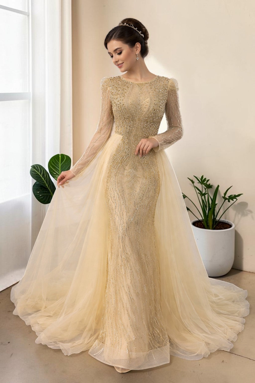 Luxury Dusty Blue Sequined Formal Dress with Sheer Long Sleeves SL194