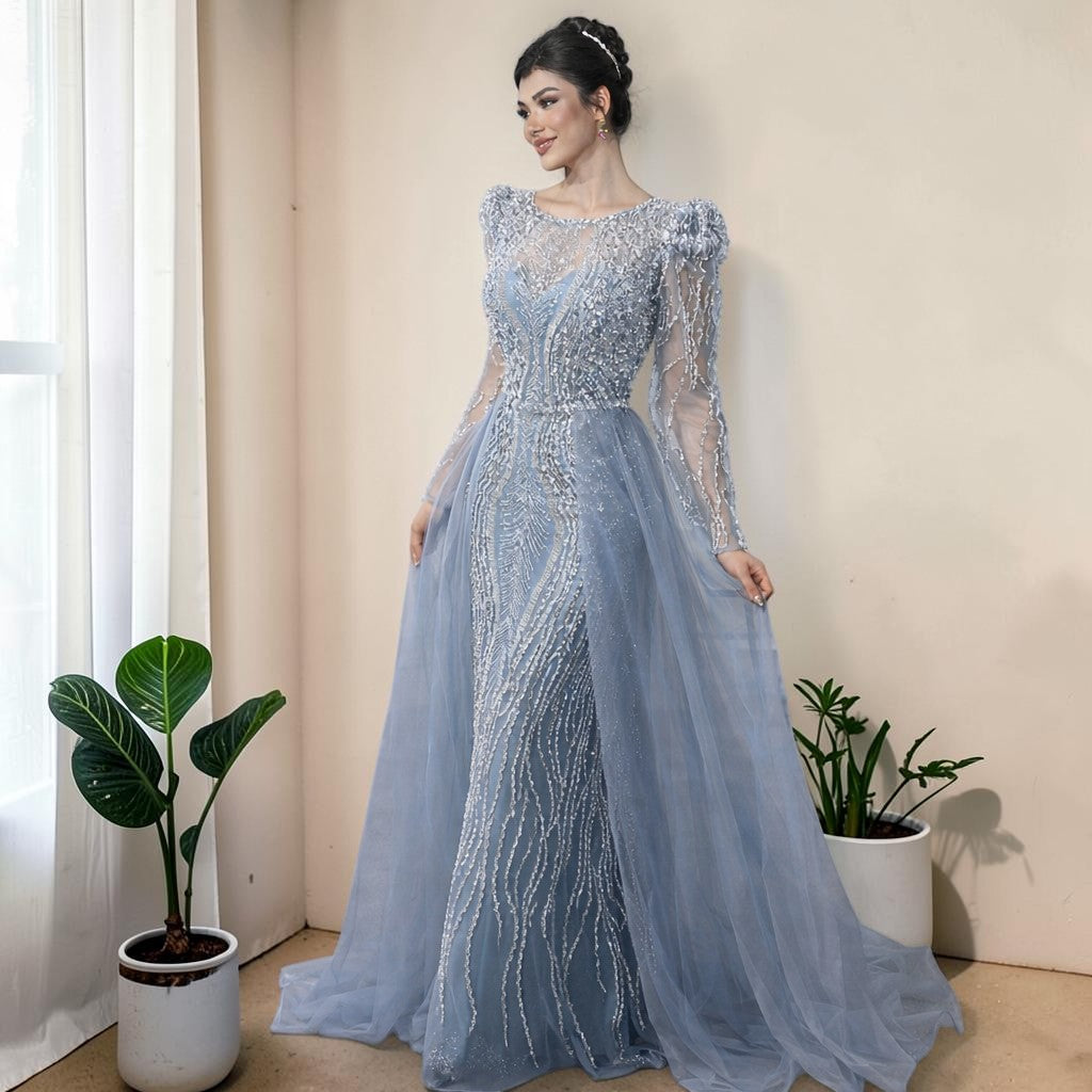 Luxury Dusty Blue Sequined Formal Dress with Sheer Long Sleeves SL194
