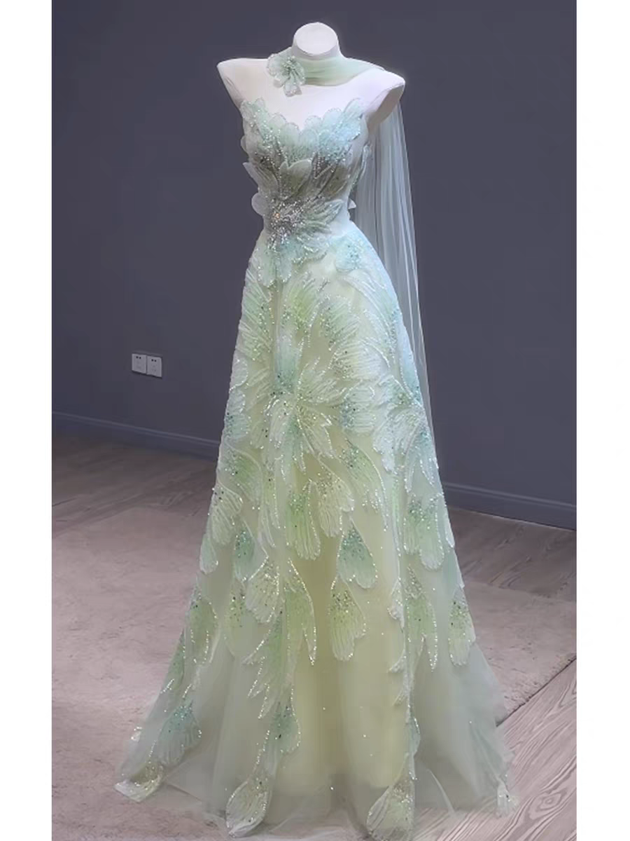 Luxury Green with Beaded Floral Details and Draped Sleeves Evening Dress SL161