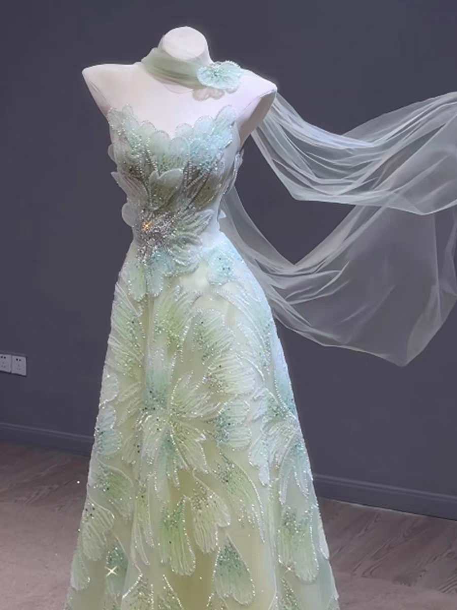 Luxury Green with Beaded Floral Details and Draped Sleeves Evening Dress SL161