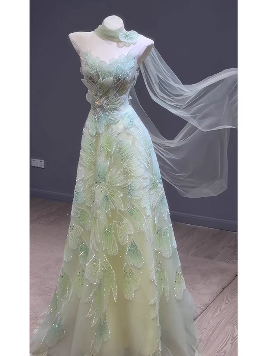 Luxury Green with Beaded Floral Details and Draped Sleeves Evening Dress SL161