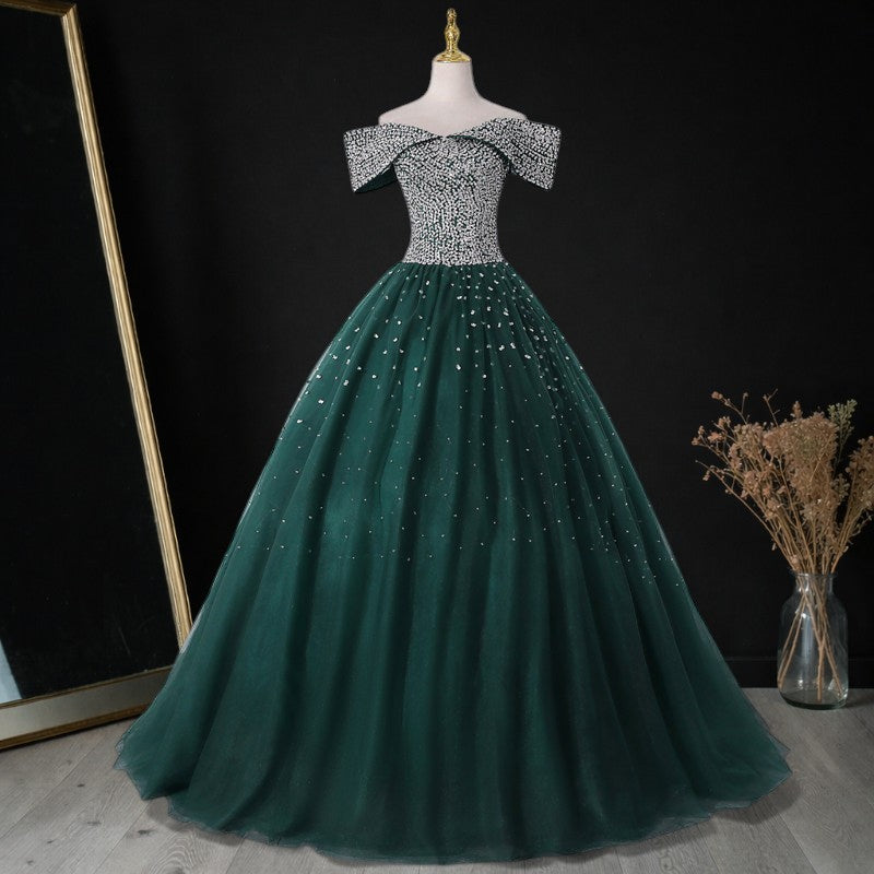 Luxury Red Crystal Ball Gown Off Shoulder Beaded Princess Prom Dress SL193