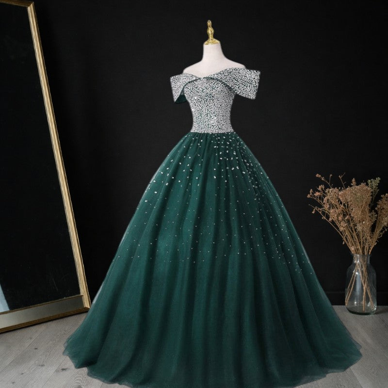 Luxury Red Crystal Ball Gown Off Shoulder Beaded Princess Prom Dress SL193