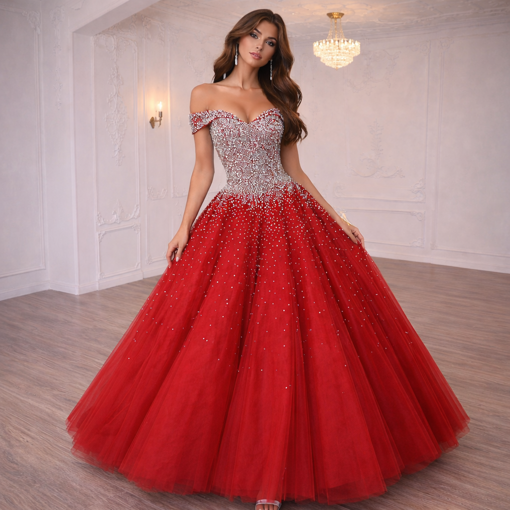 Luxury Red Crystal Ball Gown Off Shoulder Beaded Princess Prom Dress SL193