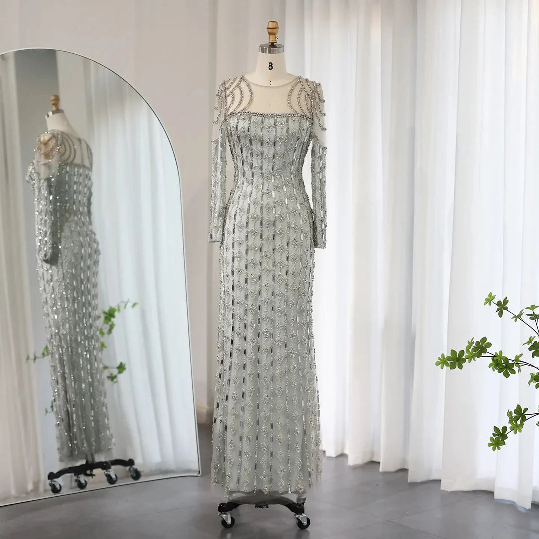 Luxury Sage Green Dubai Style Mermaid Evening Gown for Muslim Women YL133