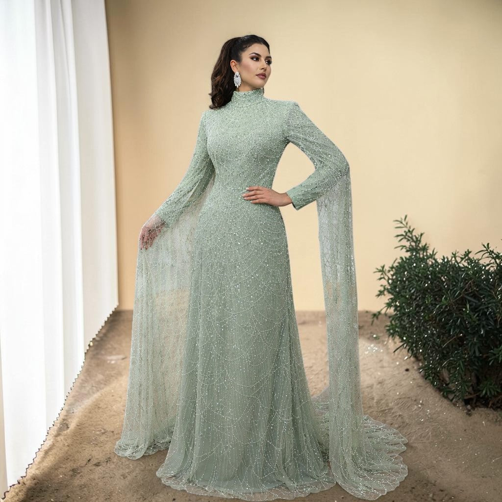 Luxury Sage Green High-Neck Beaded Long Sleeves Evening Gown SL197