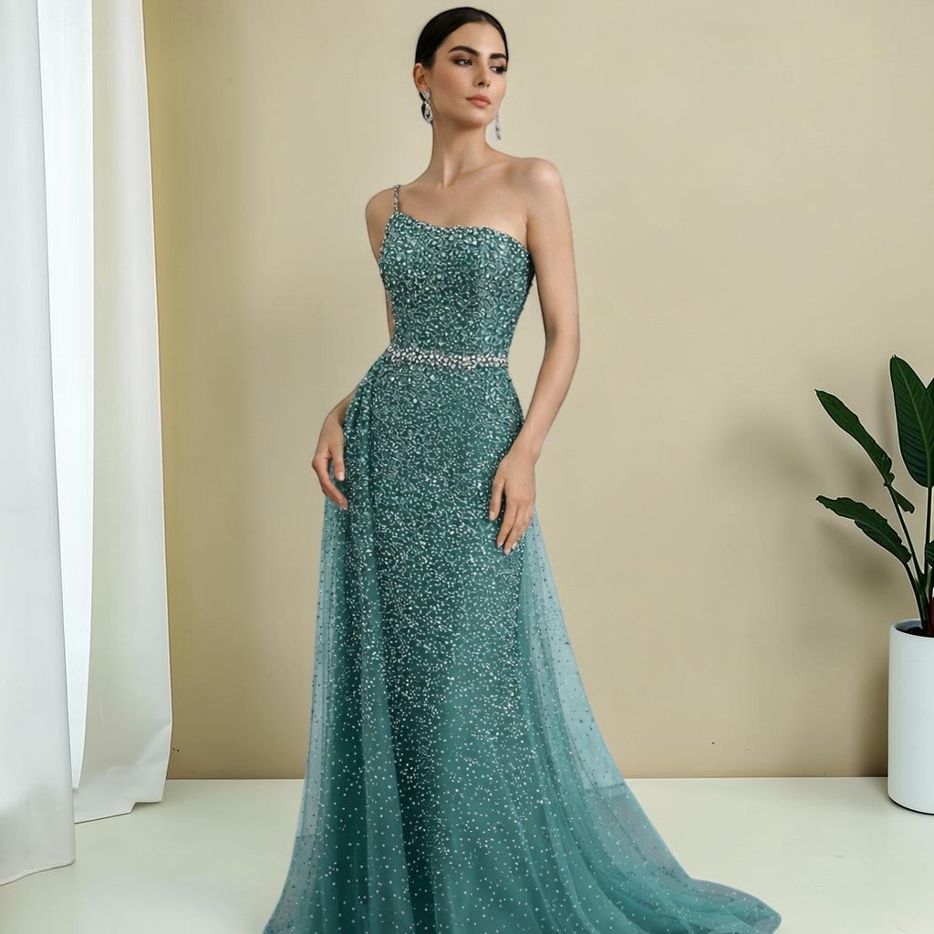 Luxury Turquoise Fitted Gown with Sparkling Beadwork SL195