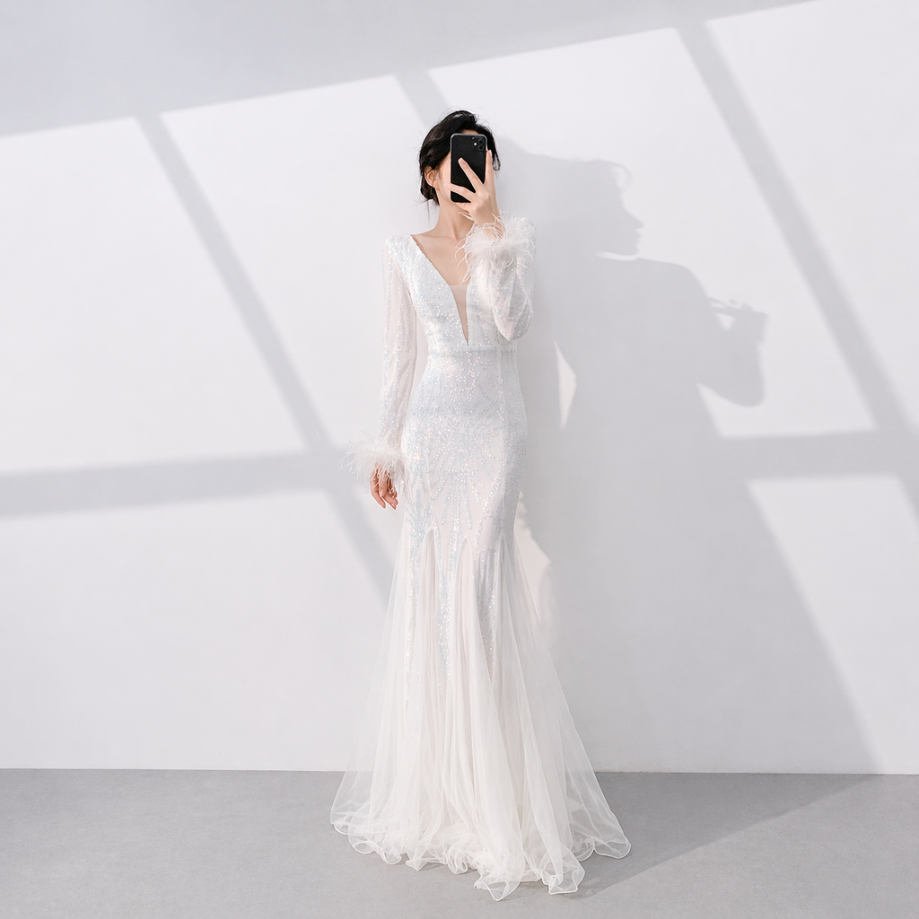 Luxury White Sequin Evening Dress with Deep V Neck and Feather Sleeves SL511