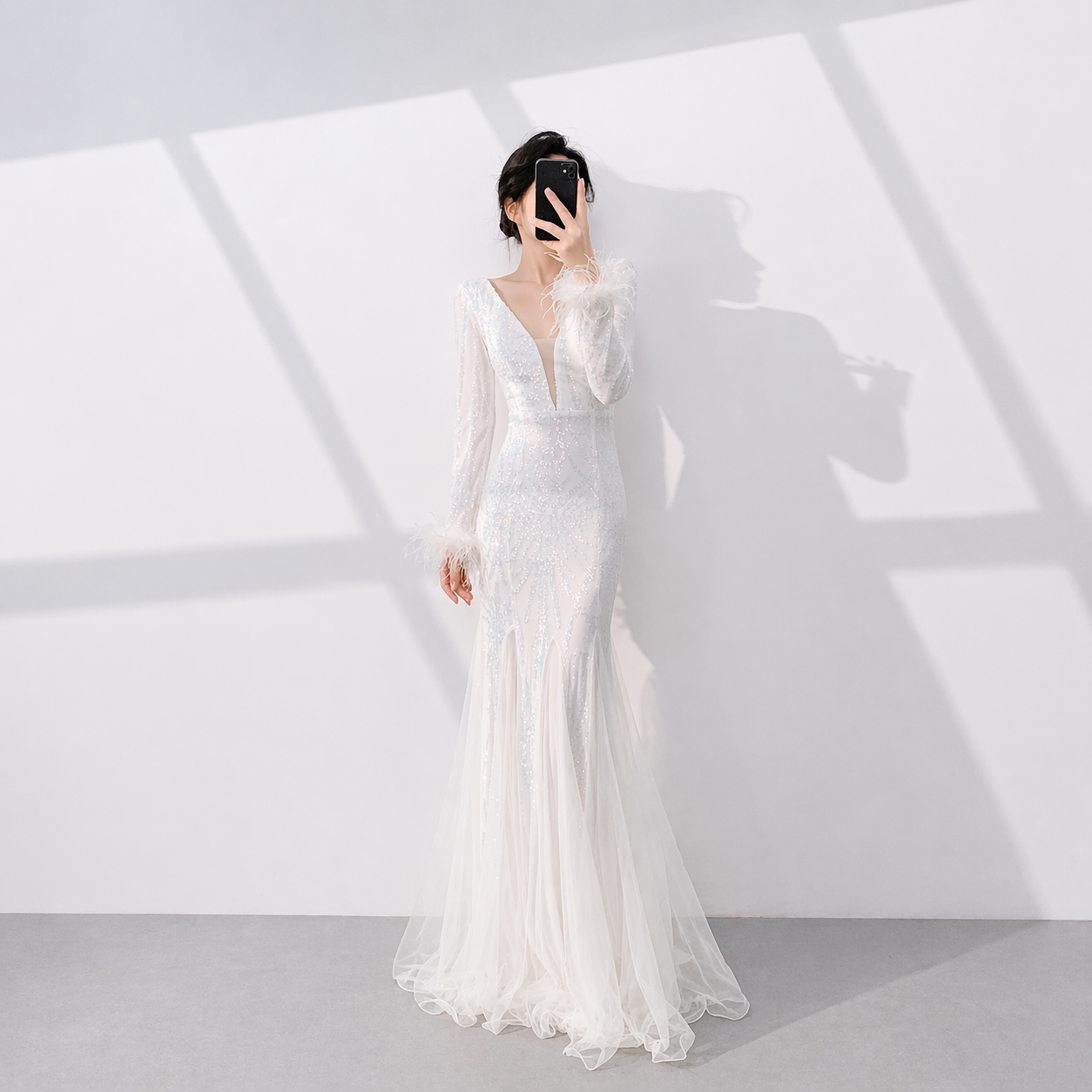 Luxury White Sequin Evening Dress with Deep V Neck and Feather Sleeves SL511