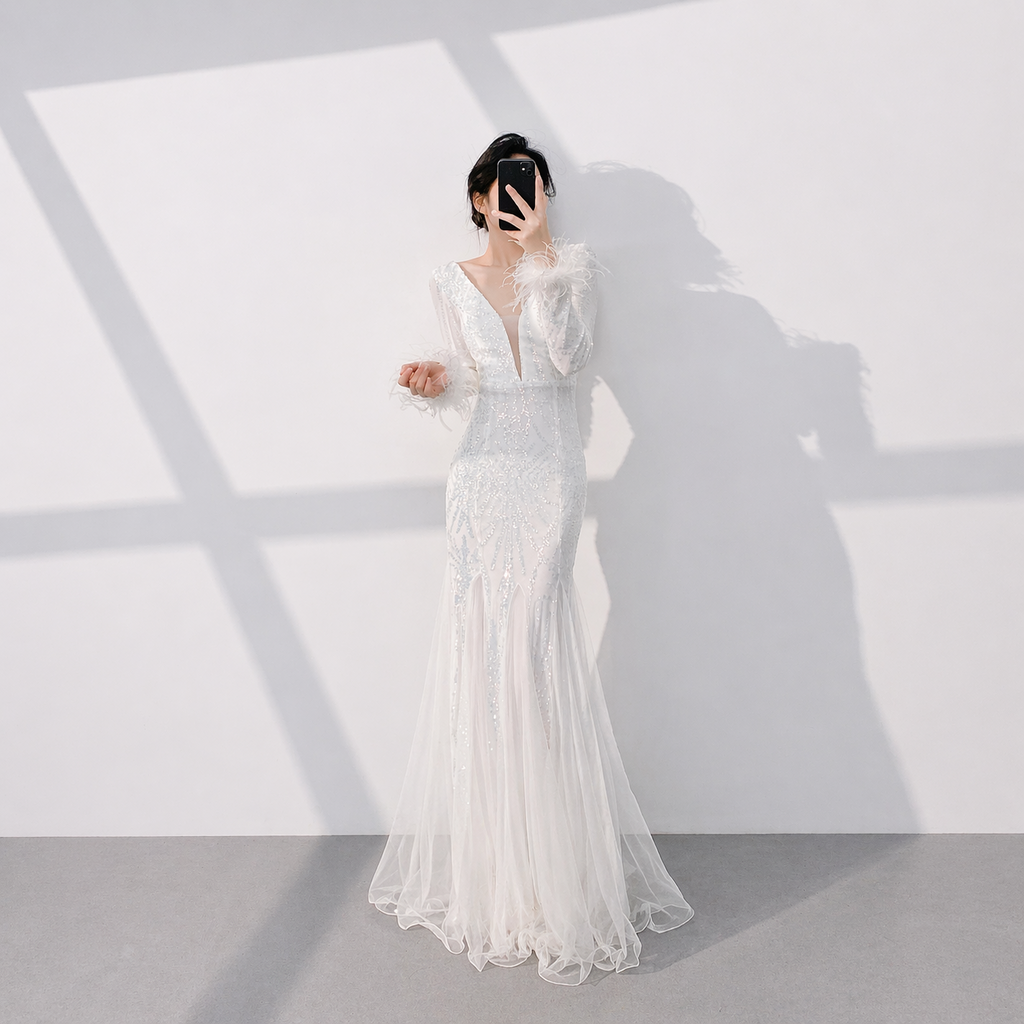 Luxury White Sequin Evening Dress with Deep V Neck and Feather Sleeves SL511