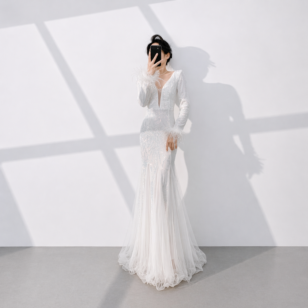 Luxury White Sequin Evening Dress with Deep V Neck and Feather Sleeves SL511