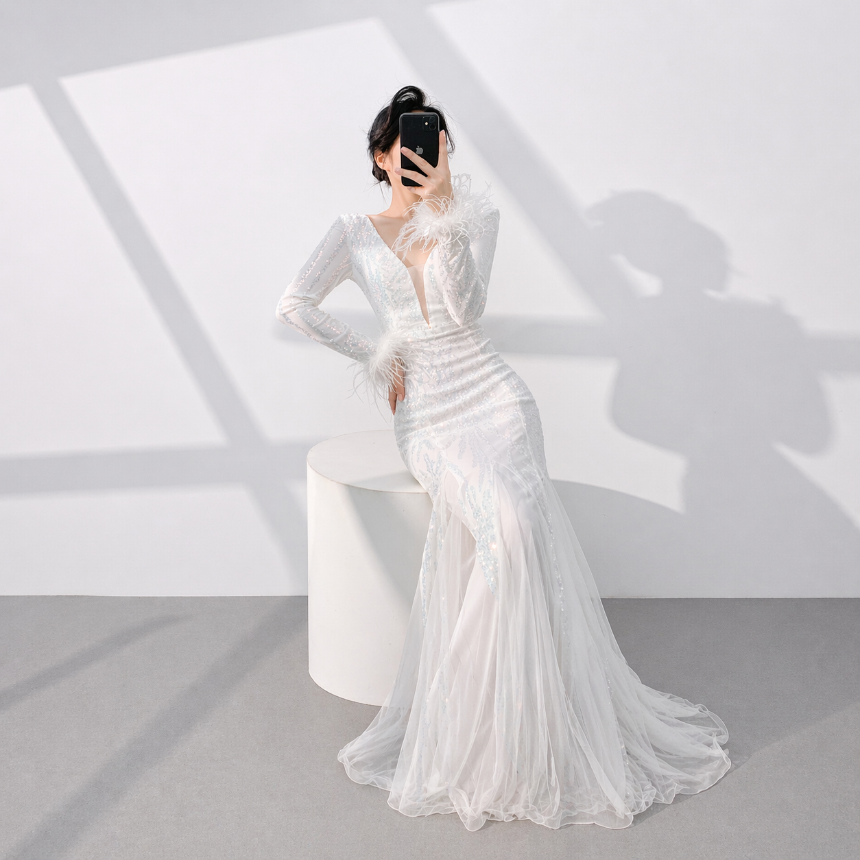 Luxury White Sequin Evening Dress with Deep V Neck and Feather Sleeves SL511