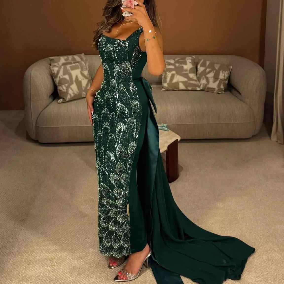 Emerald Green Square Neck Sheath Evening Dress with Bow Train YL131
