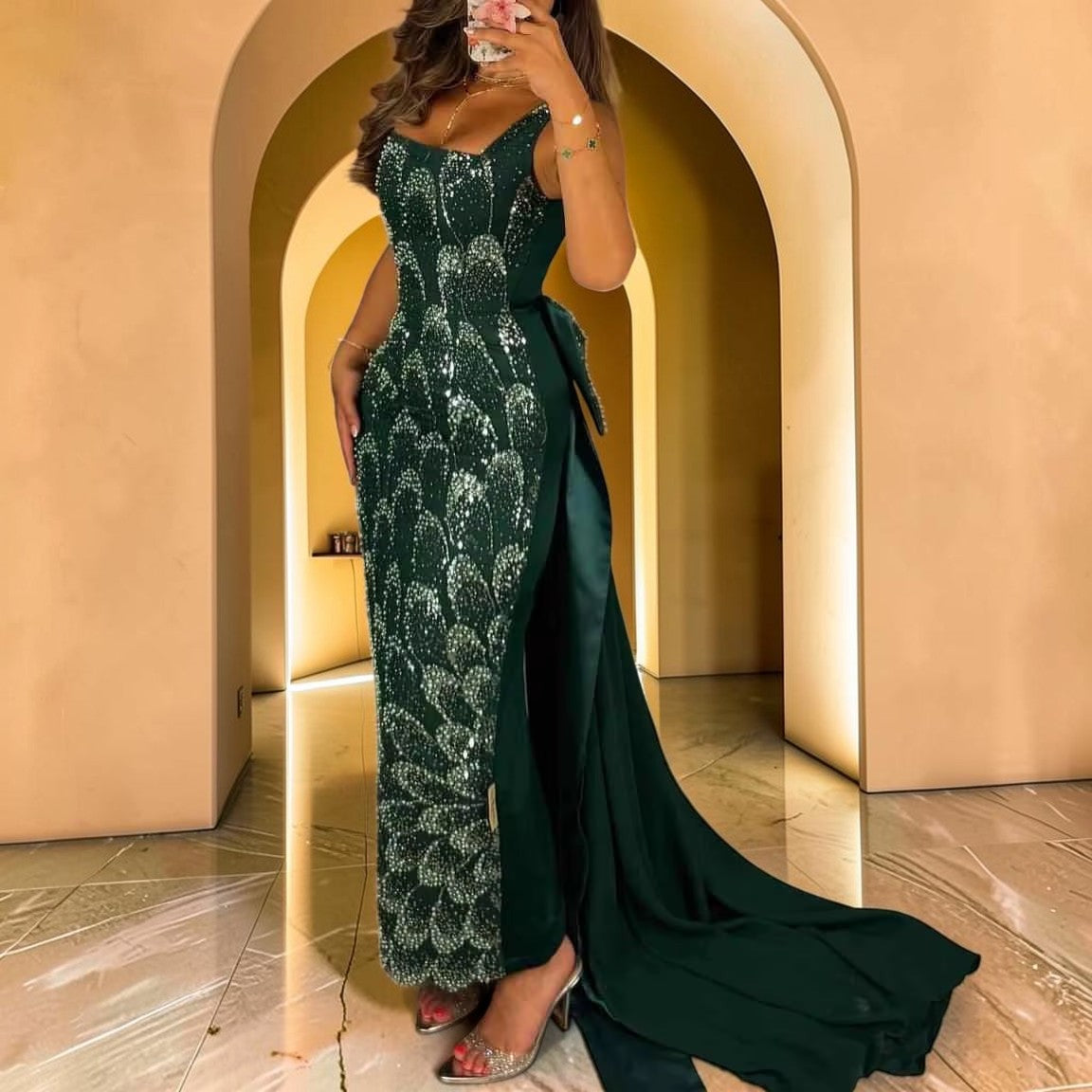 Emerald Green Square Neck Sheath Evening Dress with Bow Train YL131