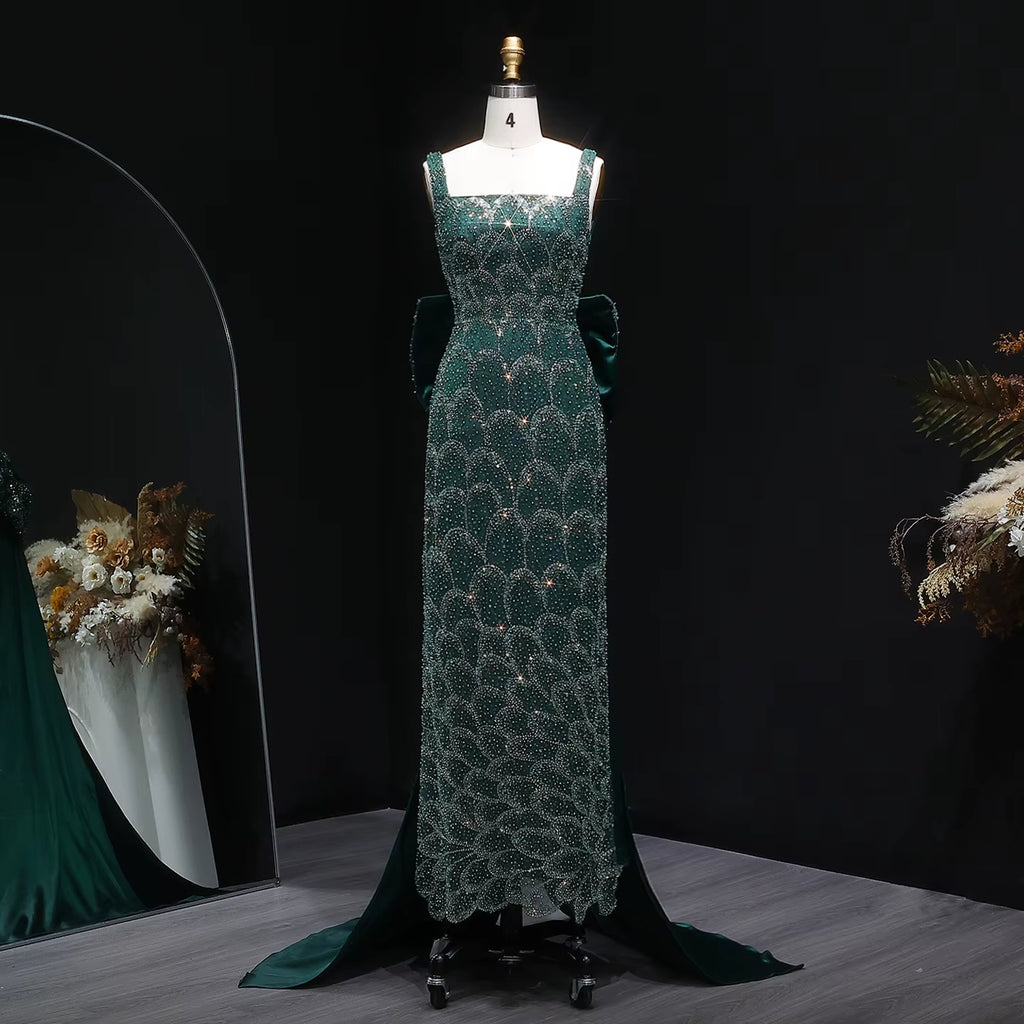 Emerald Green Square Neck Sheath Evening Dress with Bow Train YL131