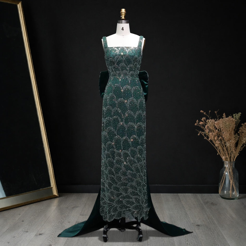 Emerald Green Square Neck Sheath Evening Dress with Bow Train YL131