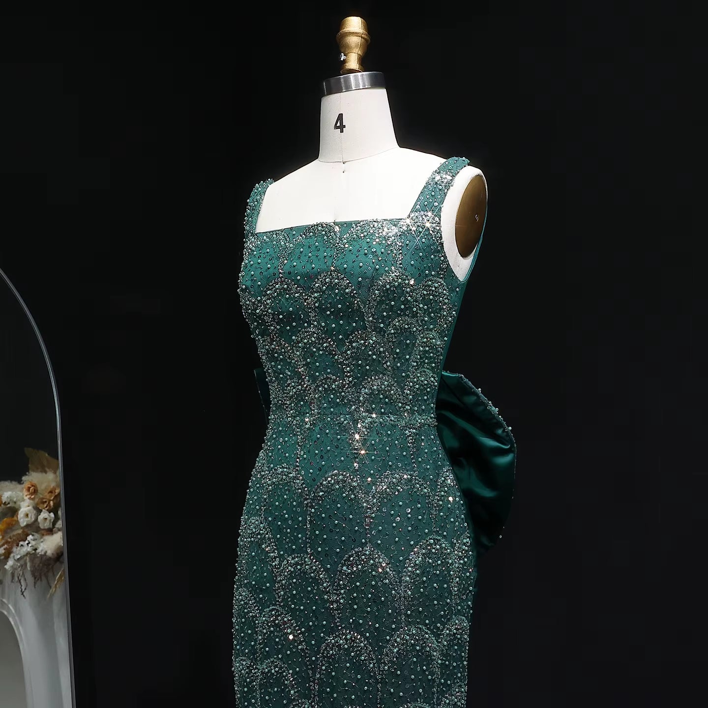 Emerald Green Square Neck Sheath Evening Dress with Bow Train YL131