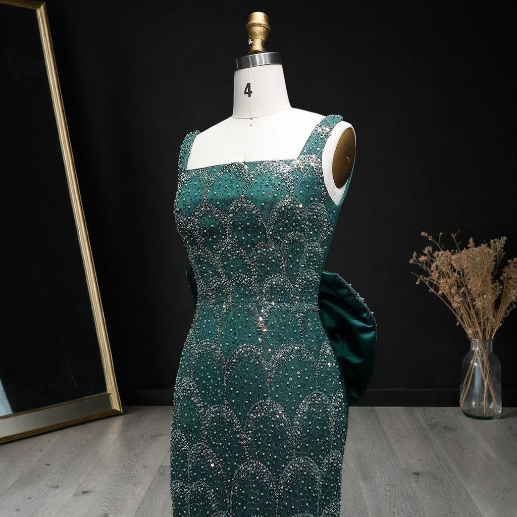 Emerald Green Square Neck Sheath Evening Dress with Bow Train YL131