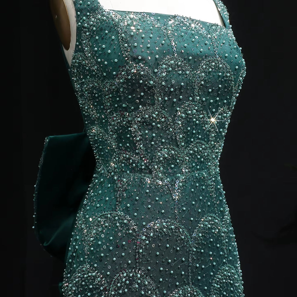 Emerald Green Square Neck Sheath Evening Dress with Bow Train YL131