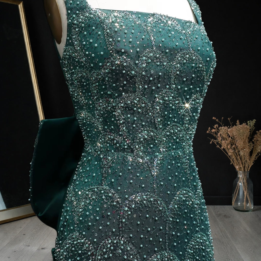 Emerald Green Square Neck Sheath Evening Dress with Bow Train YL131