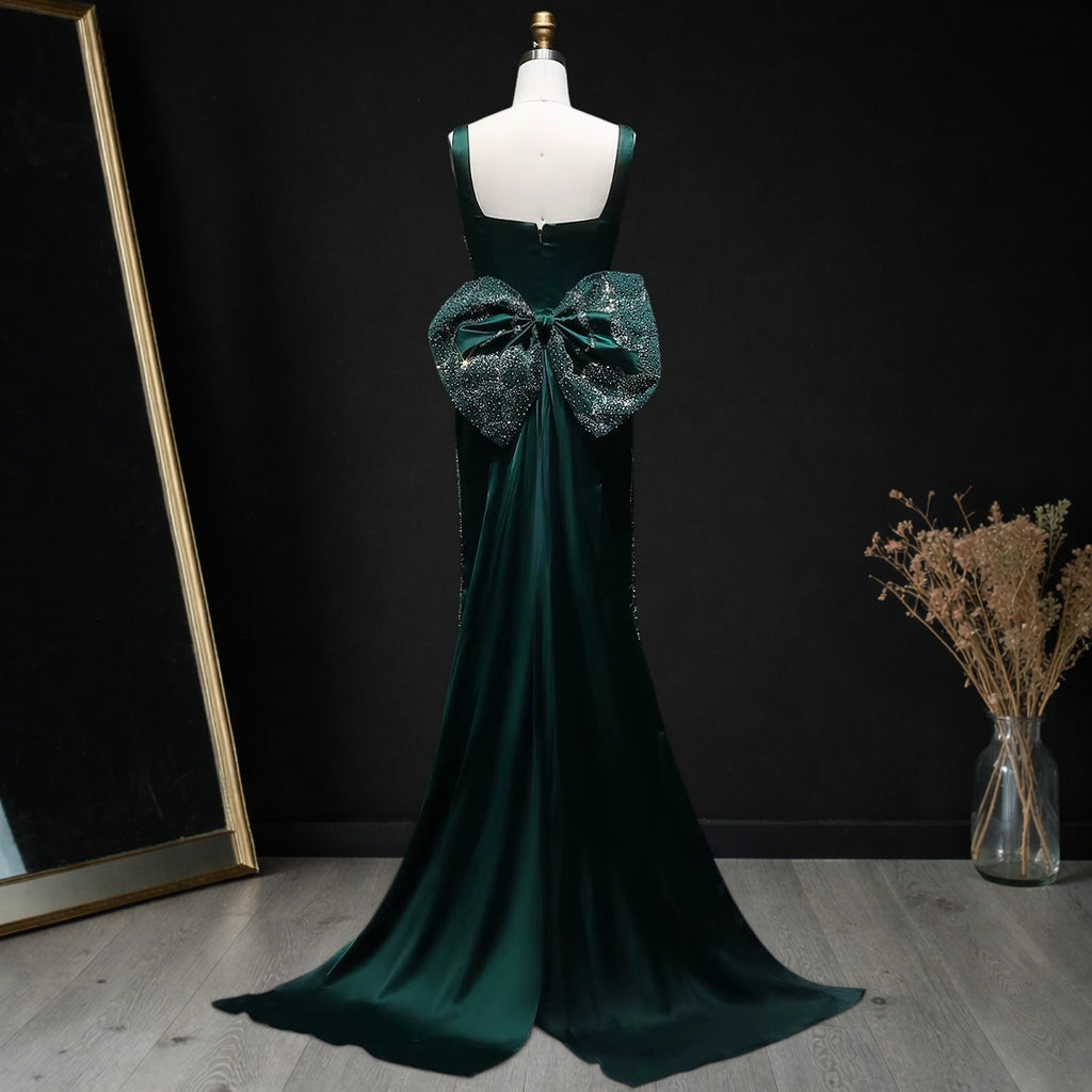 Emerald Green Square Neck Sheath Evening Dress with Bow Train YL131