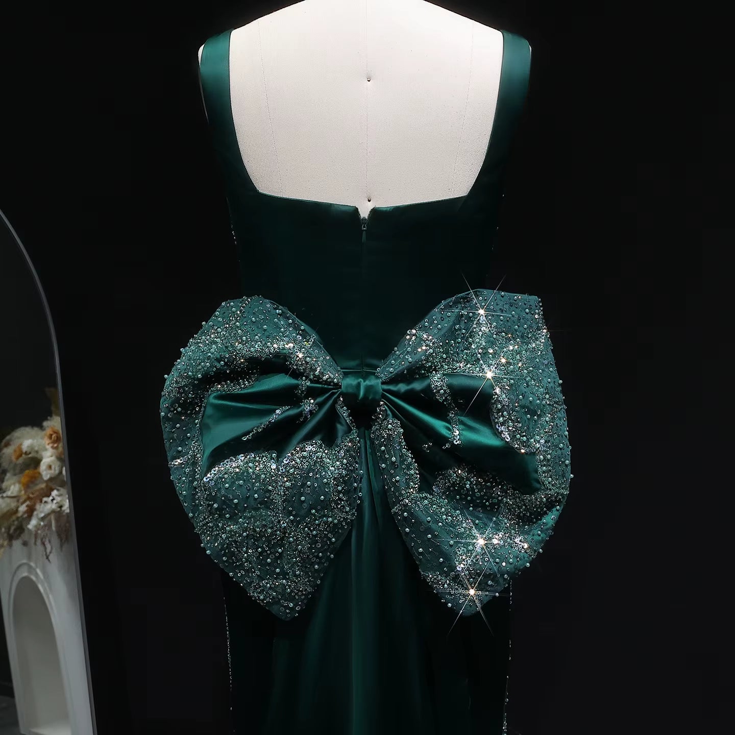 Emerald Green Square Neck Sheath Evening Dress with Bow Train YL131