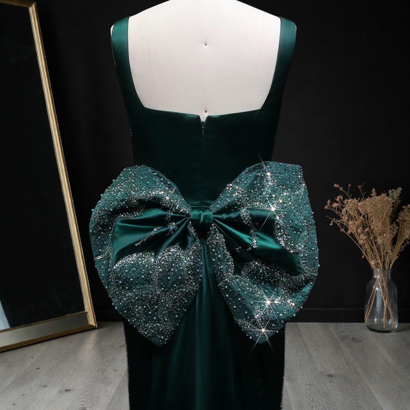 Emerald Green Square Neck Sheath Evening Dress with Bow Train YL131