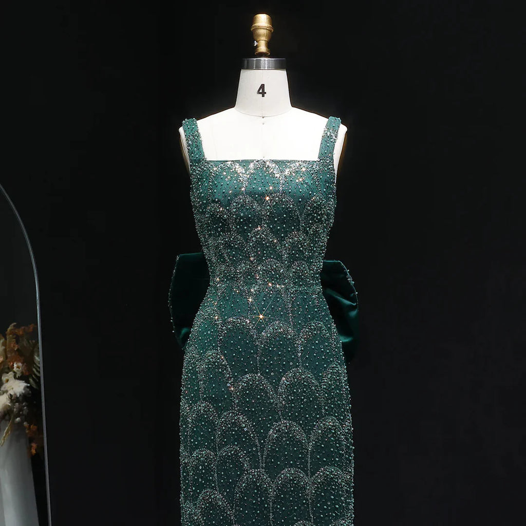 Emerald Green Square Neck Sheath Evening Dress with Bow Train YL131